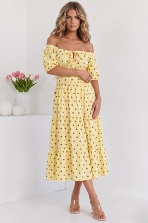 ΦΟΡΕΜΑ MIDI ΠΟΥΑ OFF SHOULDER ΜΕ ΒΟΛΑΝ - ΚΙΤΡΙΝΟ