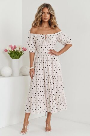 ΦΟΡΕΜΑ MIDI ΠΟΥΑ OFF SHOULDER ΜΕ ΒΟΛΑΝ - ΛΕΥΚΟ