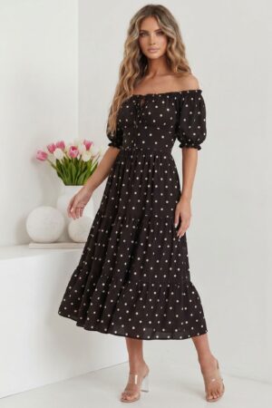 ΦΟΡΕΜΑ MIDI ΠΟΥΑ OFF SHOULDER ΜΕ ΒΟΛΑΝ - ΜΑΥΡΟ