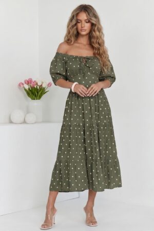 ΦΟΡΕΜΑ MIDI ΠΟΥΑ OFF SHOULDER ΜΕ ΒΟΛΑΝ - ΧΑΚΙ