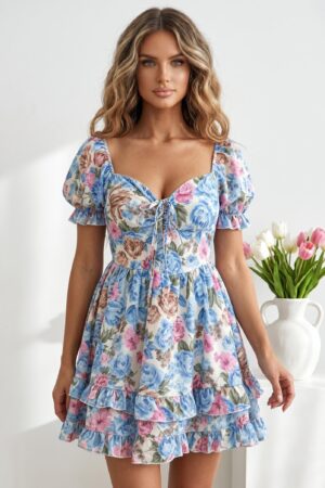 ΦΟΡΕΜΑ MΙNI FLORAL ΜΕ CORSET ΜΠΟΥΣΤΟ ΚΑΙ ΒΟΛΑΝ - ΓΑΛΑΖΙΟ