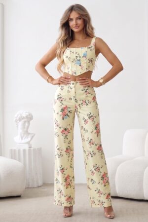 ΣΕΤ JEAN TOP CROPPED ΚΑΙ ΠΑΝΤΕΛΟΝΙ FLORAL - ΚΙΤΡΙΝΟ