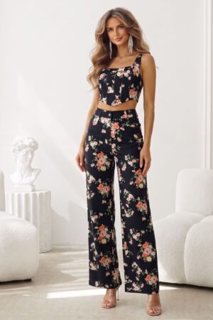 ΣΕΤ JEAN TOP CROPPED ΚΑΙ ΠΑΝΤΕΛΟΝΙ FLORAL - ΜΑΥΡΟ