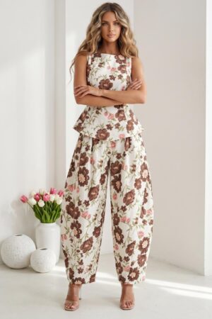 ΣΕΤ TOP PEPLUM ΚΑΙ ΠΑΝΤΕΛΟΝΙ FLORAL BUGGY - ΚΑΦΕ