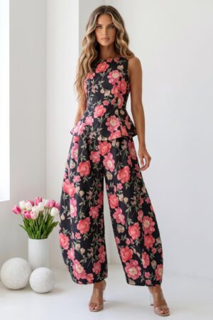 ΣΕΤ TOP PEPLUM ΚΑΙ ΠΑΝΤΕΛΟΝΙ FLORAL BUGGY - ΜΑΥΡΟ