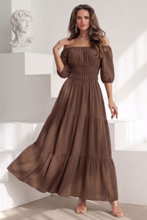 ΦΟΡΕΜΑ MAXI OFF SHOULDER ΜΕ ΒΟΛΑΝ - ΚΑΦΕ