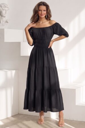ΦΟΡΕΜΑ MAXI OFF SHOULDER ΜΕ ΒΟΛΑΝ - ΜΑΥΡΟ