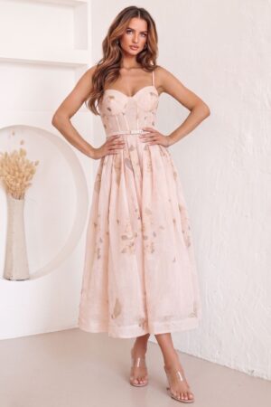 ΦΟΡΕΜΑ MIDI CORSET FLORAL ΜΕ ΖΩΝΗ - ΜΠΕΖ