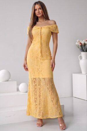ΦΟΡΕΜΑ MIDI ΜΕ ΔΑΝΤΕΛΑ OFF SHOULDER - ΚΙΤΡΙΝΟ