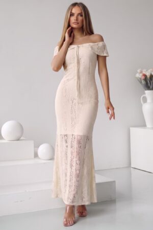 ΦΟΡΕΜΑ MIDI ΜΕ ΔΑΝΤΕΛΑ OFF SHOULDER - ΜΠΕΖ