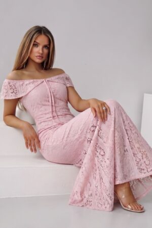 ΦΟΡΕΜΑ MIDI ΜΕ ΔΑΝΤΕΛΑ OFF SHOULDER - ΡΟΖ