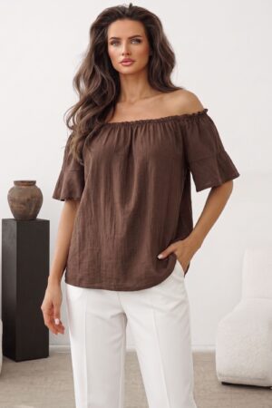 ΜΠΛΟΥΖΑ OFF SHOULDER ΜΕ ΒΟΛΑΝ ΣΤΑ ΜΑΝΙΚΙΑ - ΚΑΦΕ