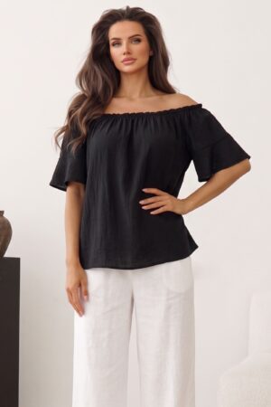 ΜΠΛΟΥΖΑ OFF SHOULDER ΜΕ ΒΟΛΑΝ ΣΤΑ ΜΑΝΙΚΙΑ - ΜΑΥΡΟ