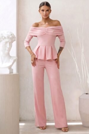 ΣET OFF-SHOULDER PEPLUM TOP ΚΑΙ ΠΑΝΤΕΛΟΝΙ - ΡΟΖ