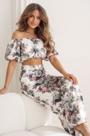 ΣΕΤ TOP OFF SHOULDER ΚΑΙ ΠΑΝΤΕΛΟΝΙ FLORAL - ΛΕΥΚΟ