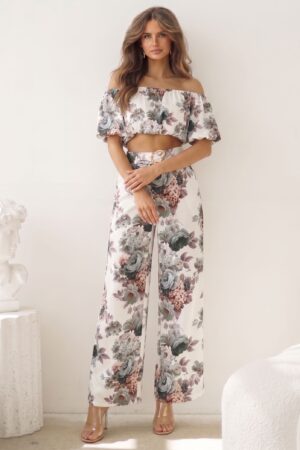 ΣΕΤ TOP OFF SHOULDER ΚΑΙ ΠΑΝΤΕΛΟΝΙ FLORAL - ΛΕΥΚΟ