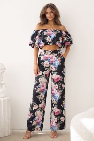 ΣΕΤ TOP OFF SHOULDER ΚΑΙ ΠΑΝΤΕΛΟΝΙ FLORAL - ΜΑΥΡΟ