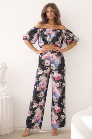ΣΕΤ TOP OFF SHOULDER ΚΑΙ ΠΑΝΤΕΛΟΝΙ FLORAL - ΜΑΥΡΟ
