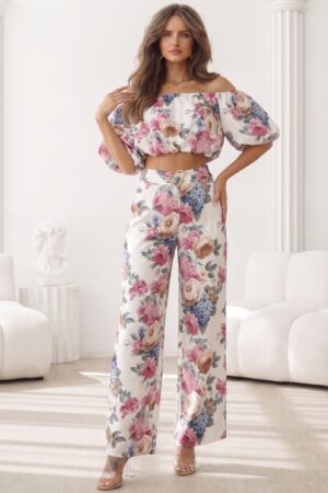 ΣΕΤ TOP OFF SHOULDER ΚΑΙ ΠΑΝΤΕΛΟΝΙ FLORAL - ΡΟΖ