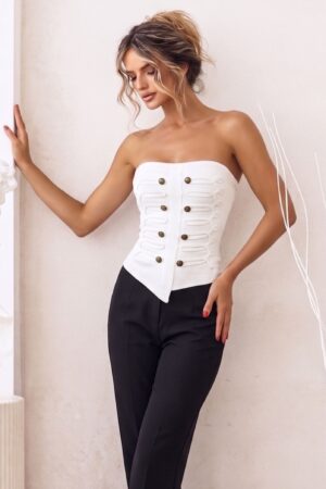 ΜΠΛΟΥΖΑ STRAPLESS ΜΕ ΔΙΑΚΟΣΜΗΤΙΚΑ ΚΟΥΜΠΙΑ - ΛΕΥΚΟ