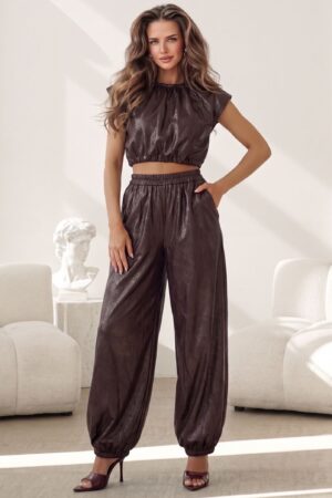ΣΕΤ ΔΕΡΜΑΤΙΝΗΣ CROPPED TOP ΚΑΙ ΠΑΝΤΕΛΟΝΙ ΜΕ ΛΑΣΤΙΧΟ - ΚΑΦΕ