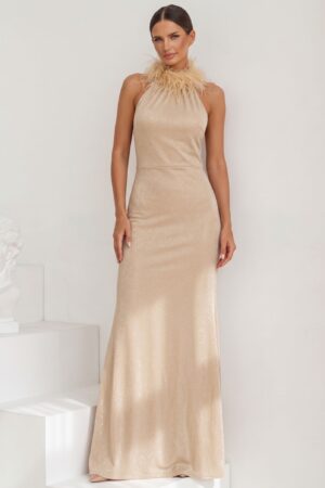 ΦΟΡΕΜΑ MAXI ΜΕΤΑΛΙΖΕ HALTER NECK ΜΕ ΠΟΥΠΟΥΛΑ - GOLD