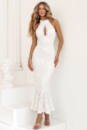 ΦΟΡΕΜΑ MIDI HALTER NECK ΜΕ ΔΑΝΤΕΛΑ - ΛΕΥΚΟ