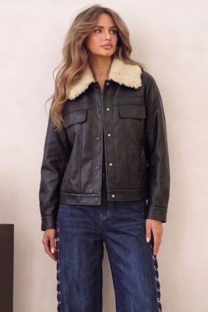 JACKET ΔΕΡΜΑΤΙΝΗΣ ΜΕ ΓΟΥΝΙΝΟ ΓΙΑΚΑ - ΜΑΥΡΟ