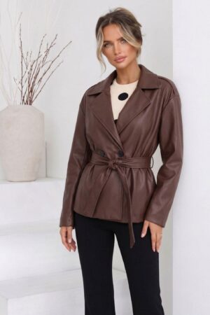 JACKET ΔΕΡΜΑΤΙΝΗΣ ΜΕ ΚΟΥΜΠΙΑ ΚΑΙ ΖΩΝΗ ΣΤΗ ΜΕΣΗ - ΚΑΦΕ