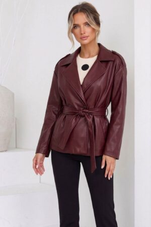 JACKET ΔΕΡΜΑΤΙΝΗΣ ΜΕ ΚΟΥΜΠΙΑ ΚΑΙ ΖΩΝΗ ΣΤΗ ΜΕΣΗ - ΜΠΟΡΝΤΟ