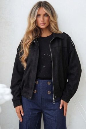 JACKET BOMBER ΣΟΥΕΤ ΜΕ ΦΕΡΜΟΥΑΡ - ΜΑΥΡΟ