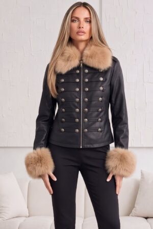 JACKET ΔΕΡΜΑΤΙΝΗΣ ΜΕ ΔΙΑΚΟΣΜΗΤΙΚΑ ΚΟΥΜΠΙΑ - ΜΑΥΡΟ-ΜΠΕΖ